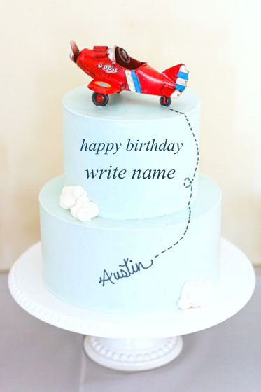 Airplane belu cake - write name on Airplane blue cake add text on happy birthday cake photo